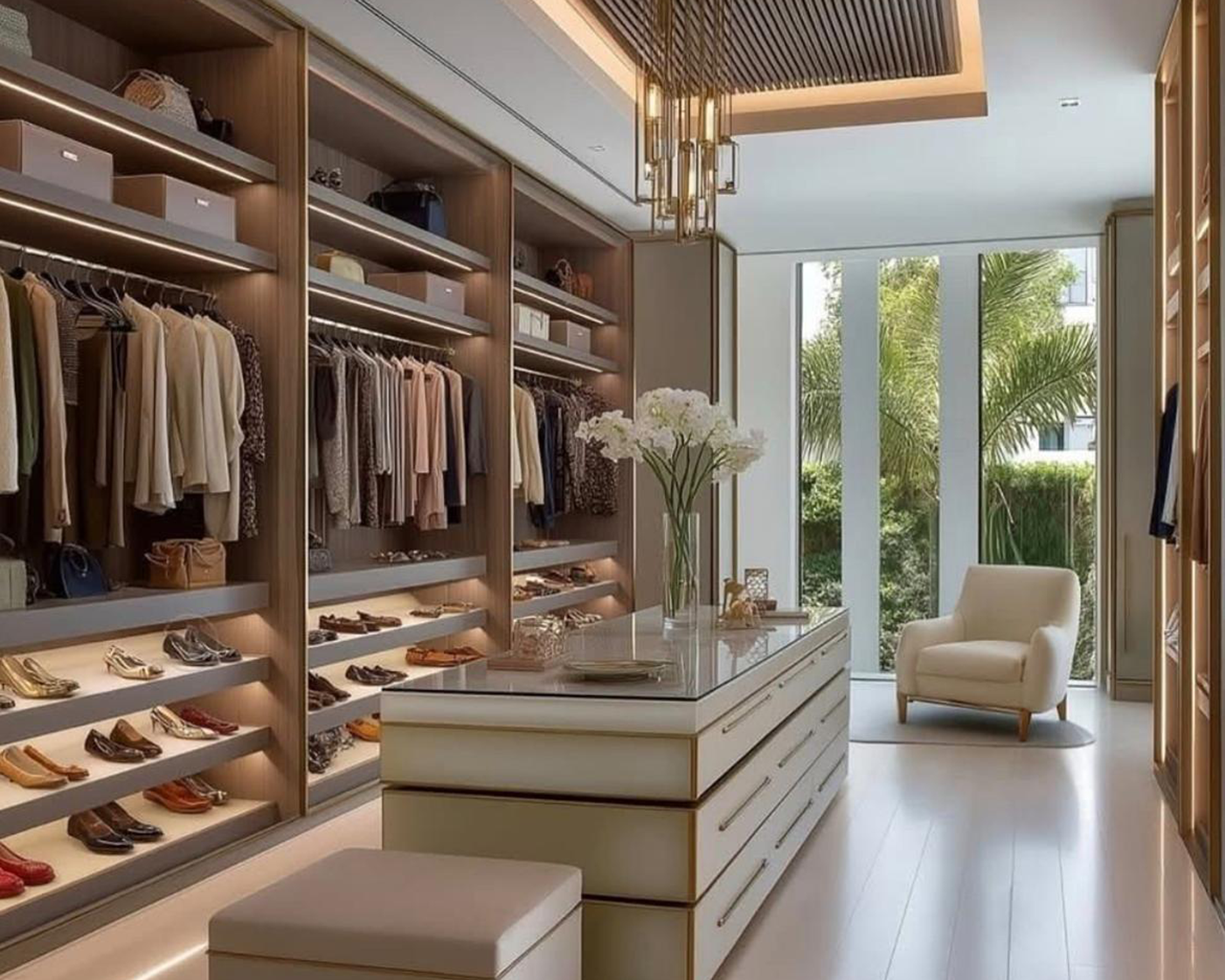 Cabina armadio organizzata con abiti, scarpe e cassetti