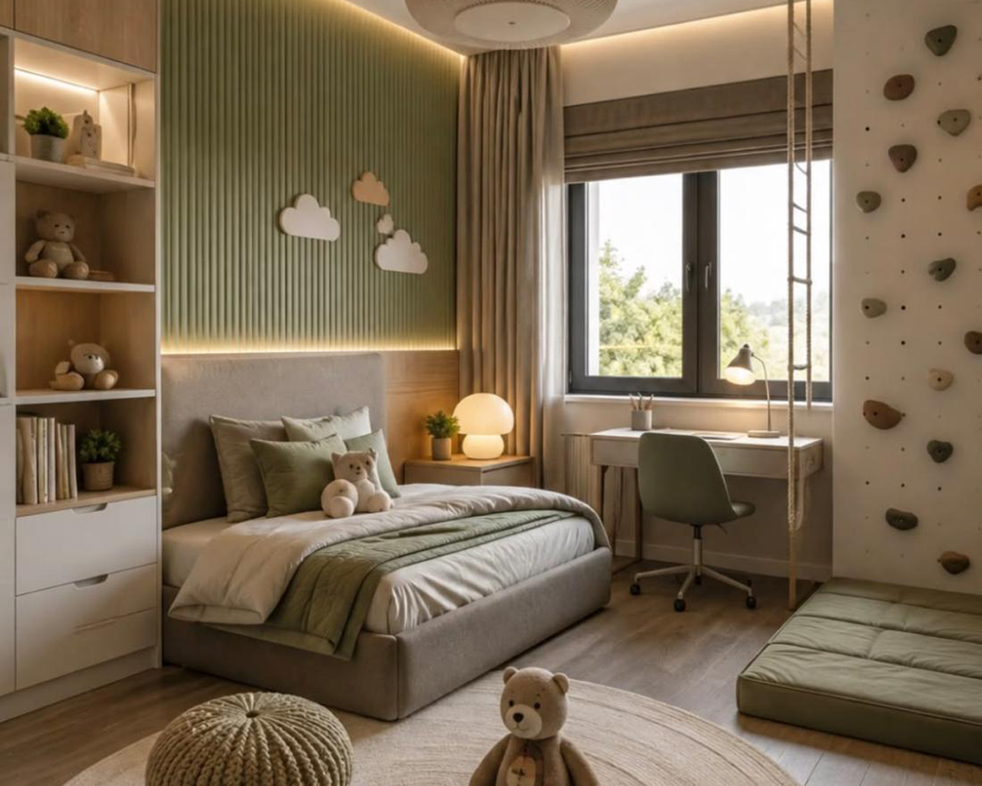 Cameretta organizzata con letto, scrivania e spazio gioco