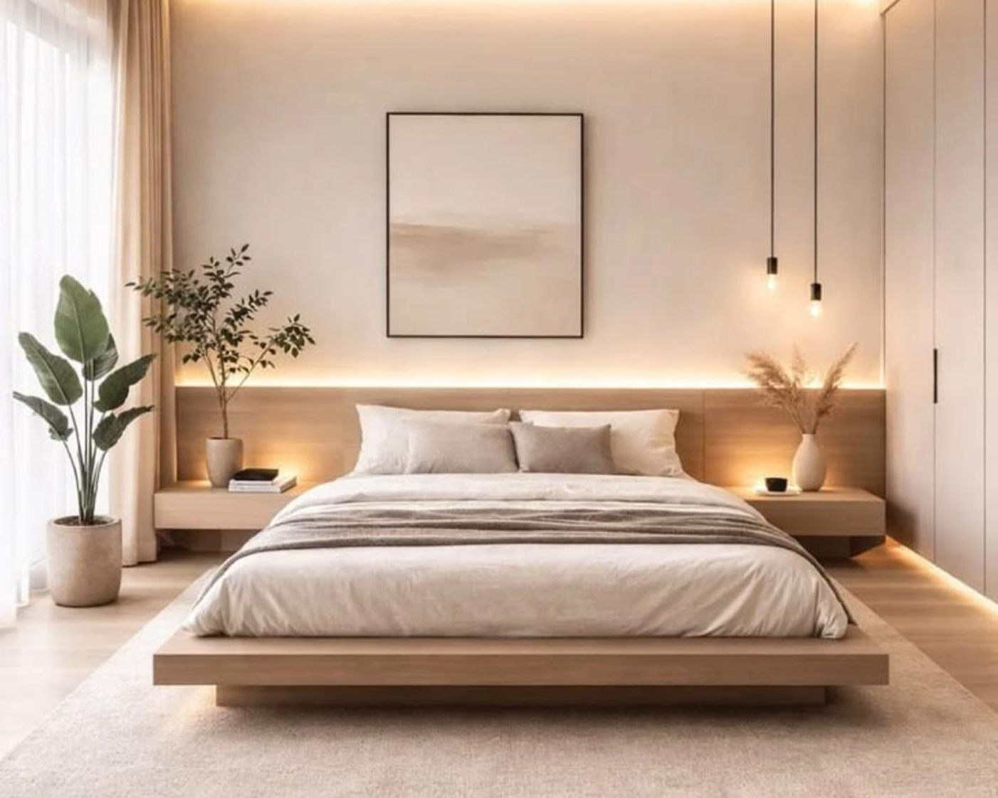 Camera da letto ordinata con letto, comodini e armadio