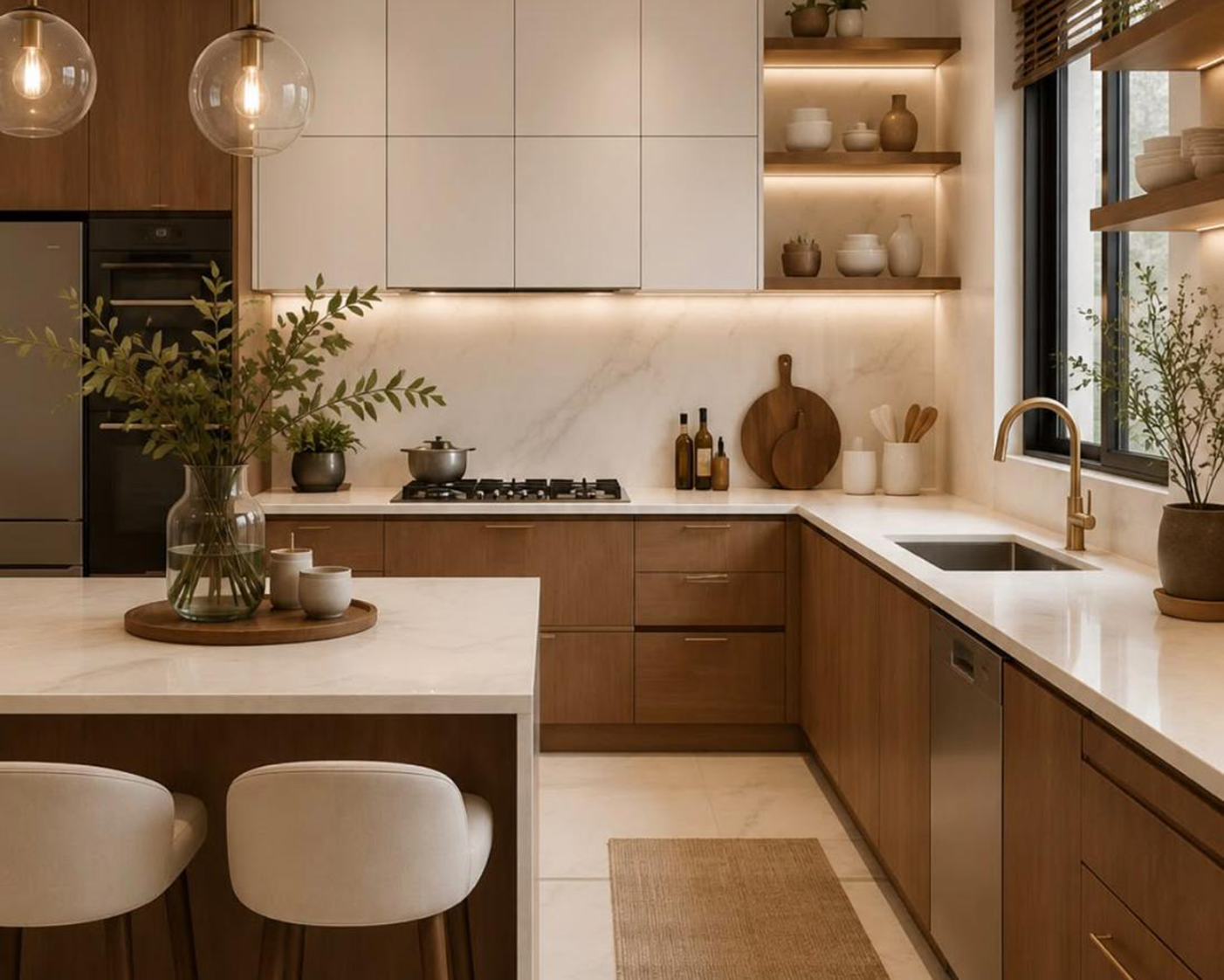 Cucina organizzata con mobili, piano di lavoro e zona dispensa