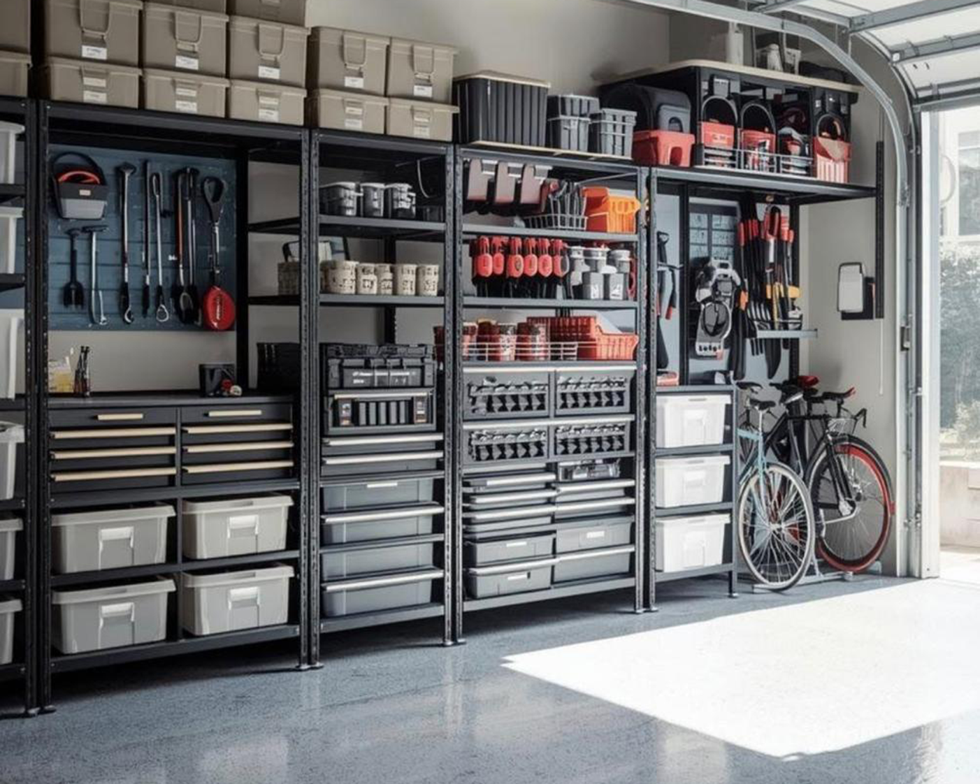 Garage organizzato con scaffali, attrezzi e contenitori