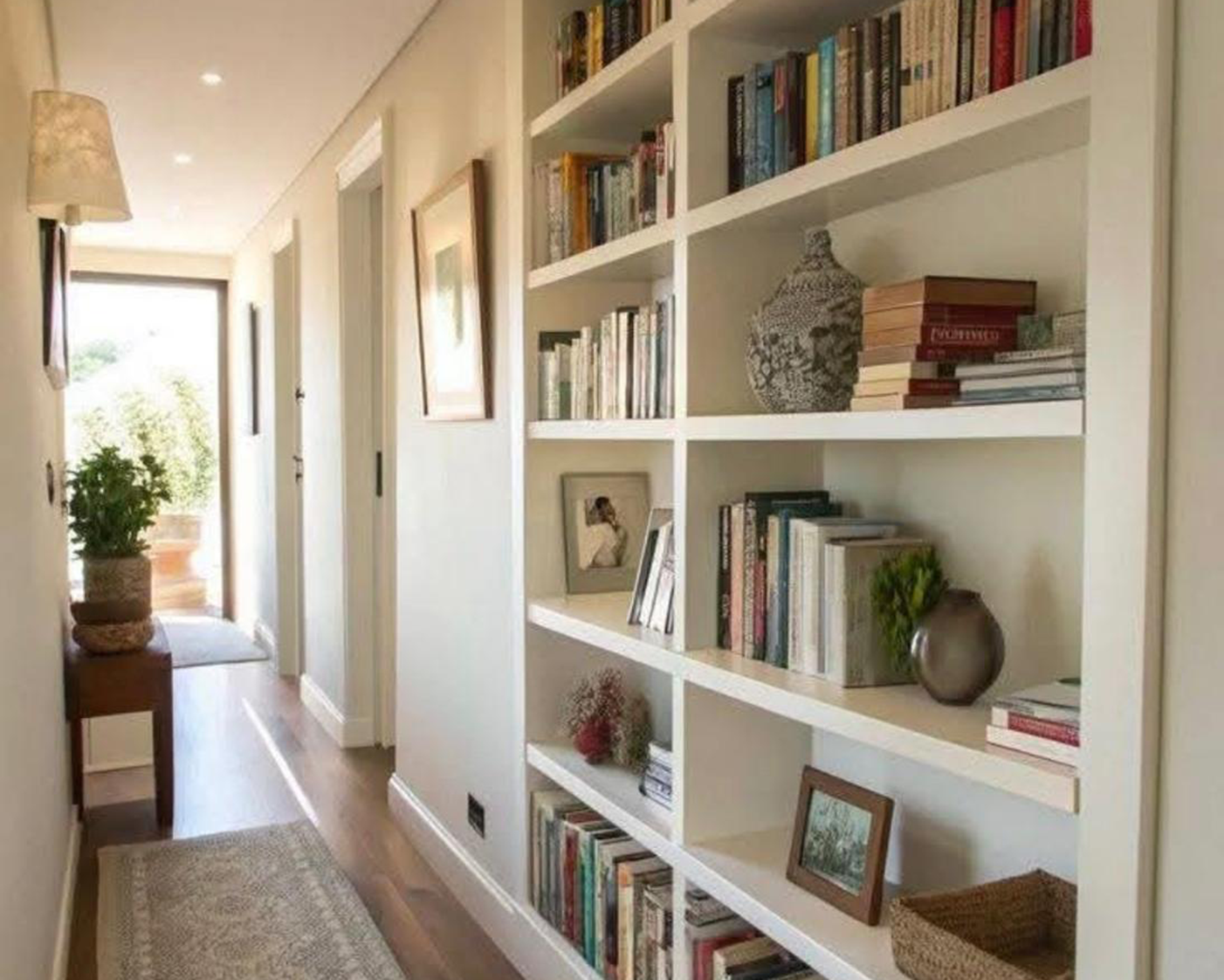 Ingresso organizzato con libreria e corridoio luminoso