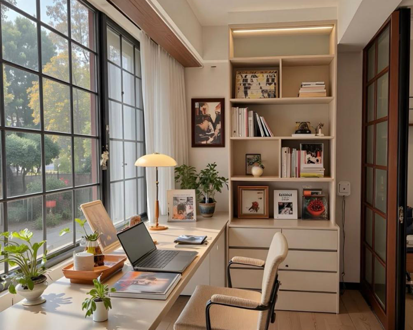 Studio in casa organizzato con scrivania e libreria
