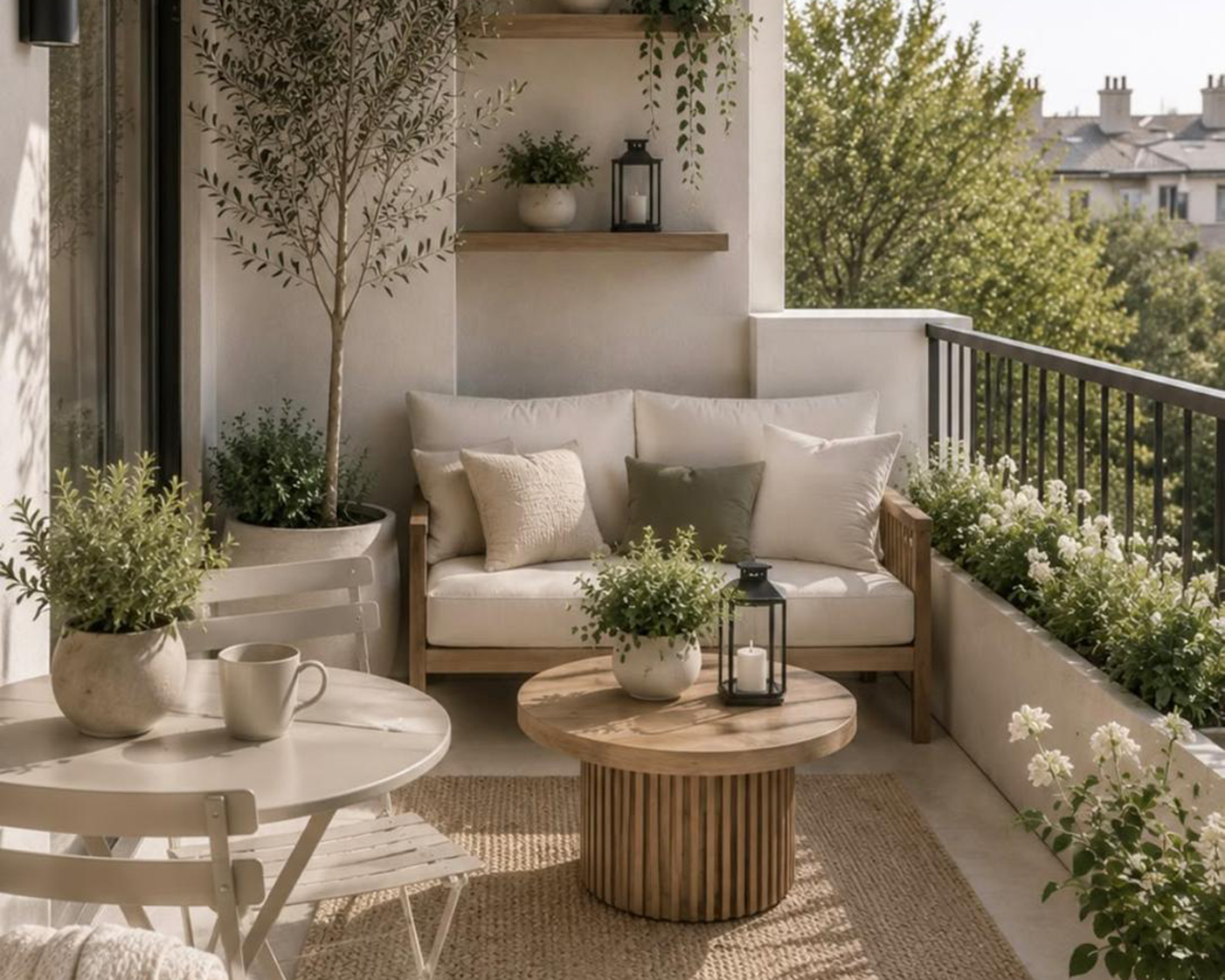 Terrazzo organizzato con piante e zona relax