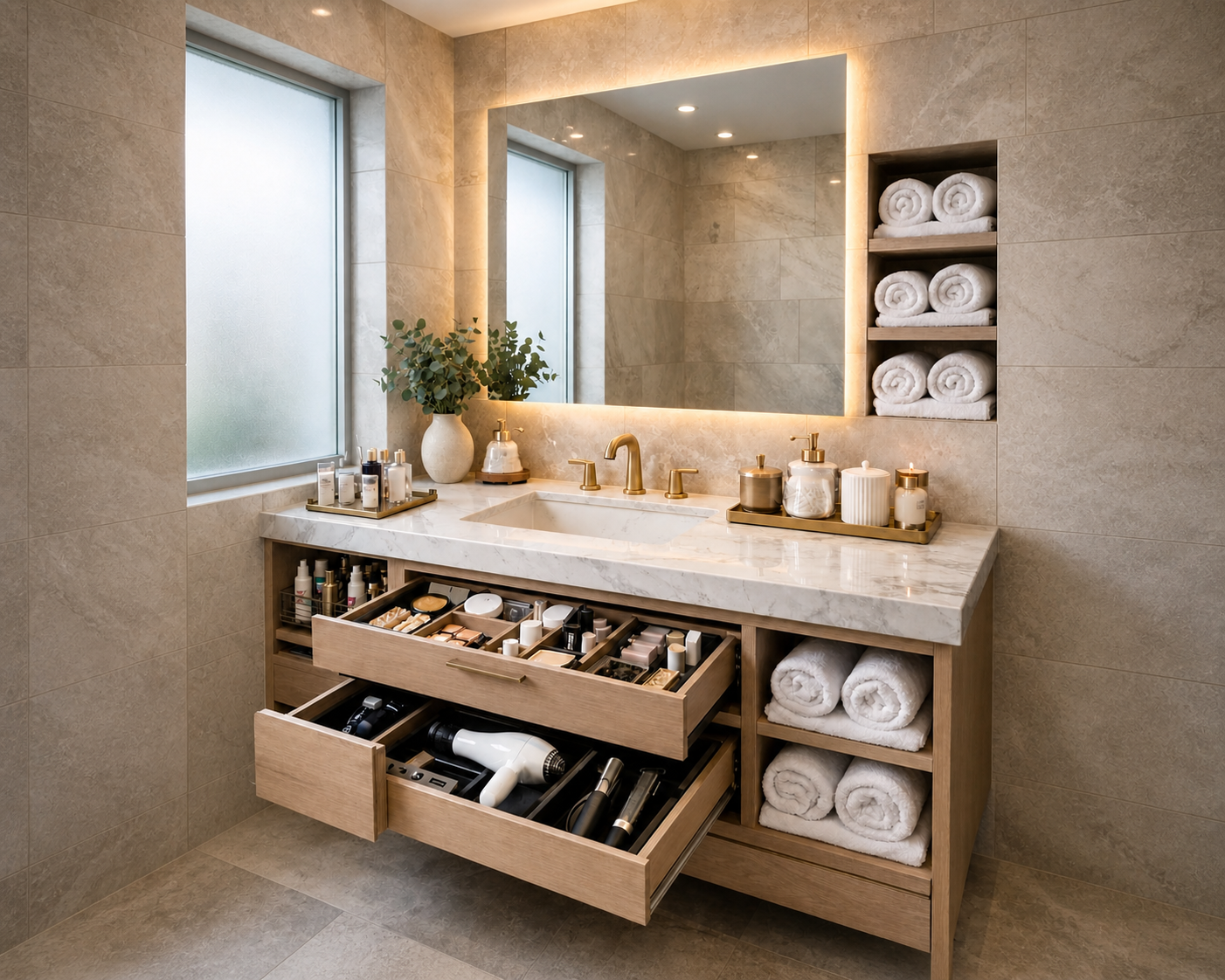 Bagno organizzato con lavabo, cassetti aperti e asciugamani ordinati