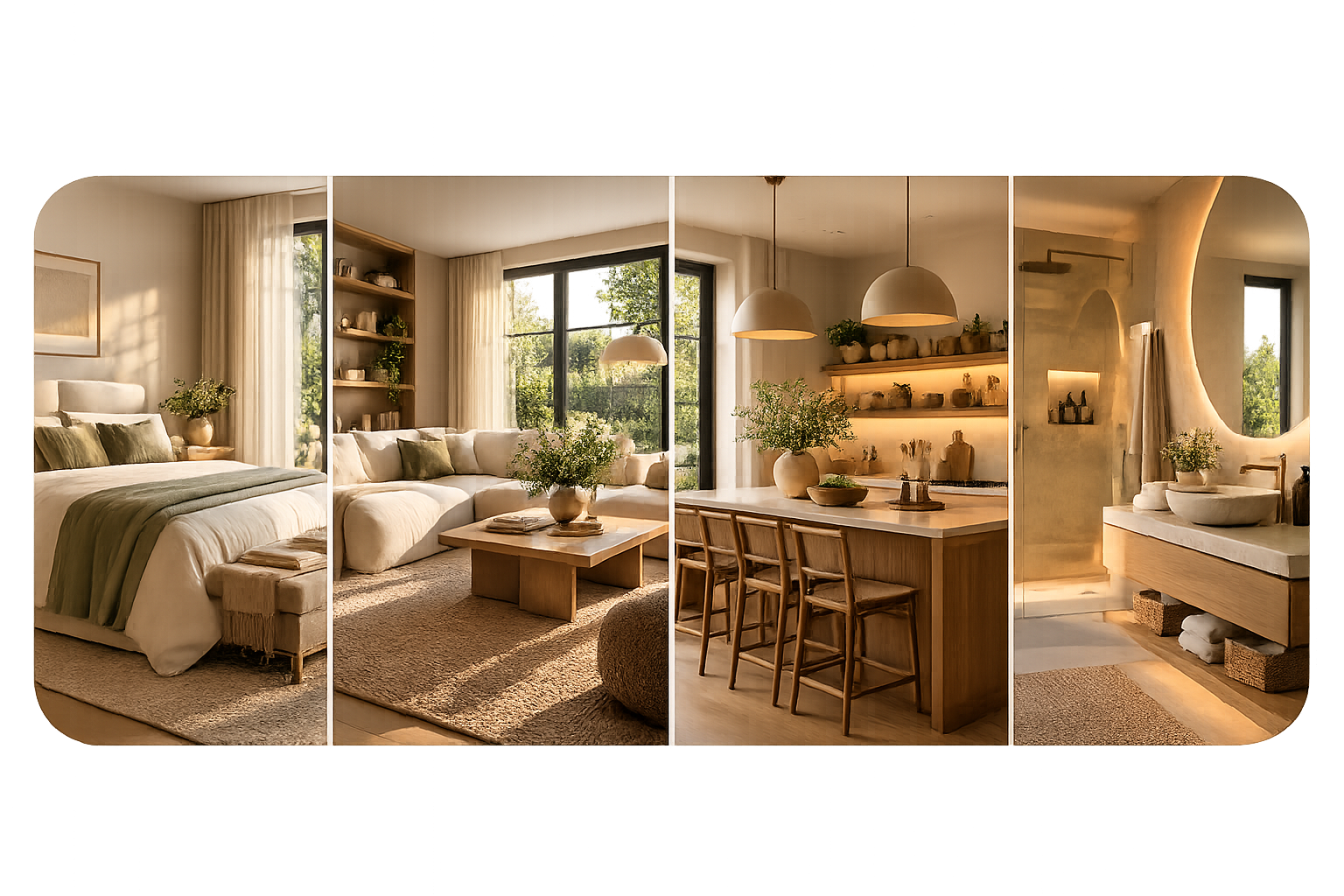 Camera da letto, soggiorno, cucina e bagno in toni caldi e naturali