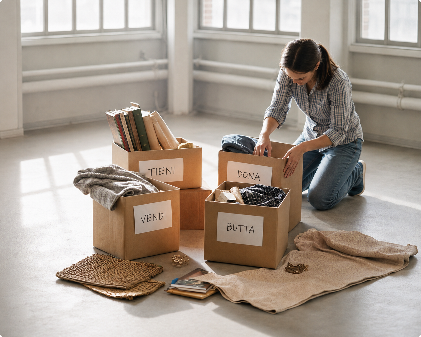 Decluttering con scatole per selezionare e organizzare gli oggetti